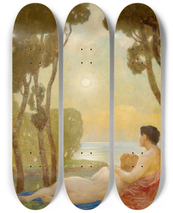 Triptych art skateboard deck of Eduard Kasparides Vollmondnacht by Eduard Kasparides (1858-1926)