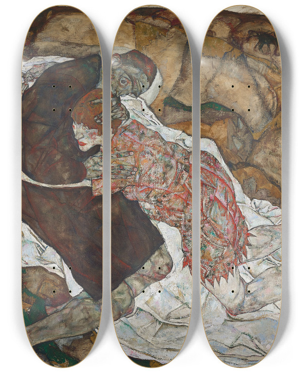 Triptych art skateboard deck of Egon Schiele Death And Girl by Egon Schiele (1890-1918)