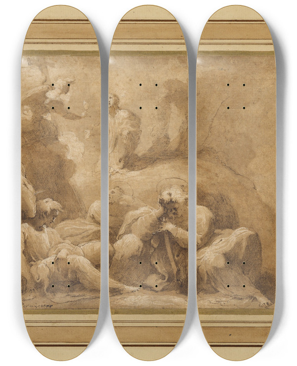 Triptych art skateboard deck of Valerio Castello The Agony In The Garden by Valerio Castello (1624-1659)
