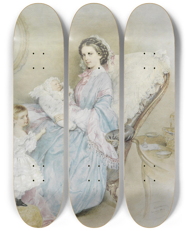 Triptych art skateboard deck of Josef Kriehuber Kaiserin Elisabeth Mit Ihren Kindern by Josef Kriehuber (1800-1876)