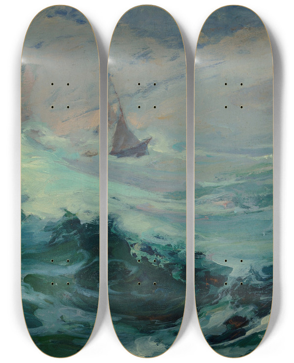 Triptych art skateboard deck of Franz Bischoff Sailing On A Stormy Sea by Franz Bischoff (1864-1929)