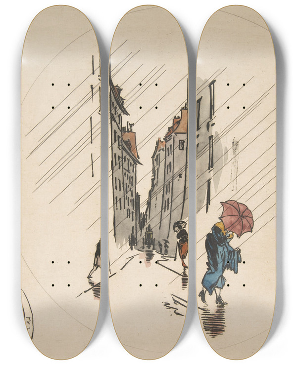 Triptych art skateboard deck of Flix Bracquemond Decoration For A Plate Rain by Felix Bracquemond (1833-1914)