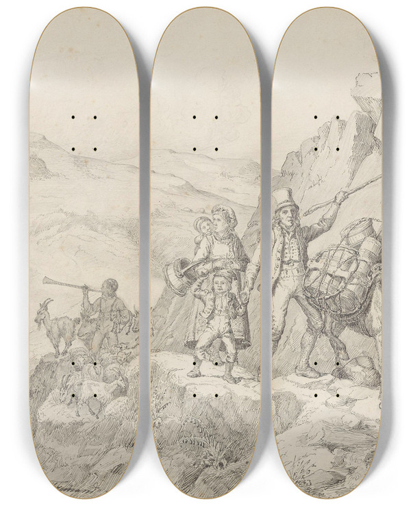 Triptych art skateboard deck of Adolph Tidemand Familie Med Klvhest P Setervei by Adolph Tidemand (1814-1876)