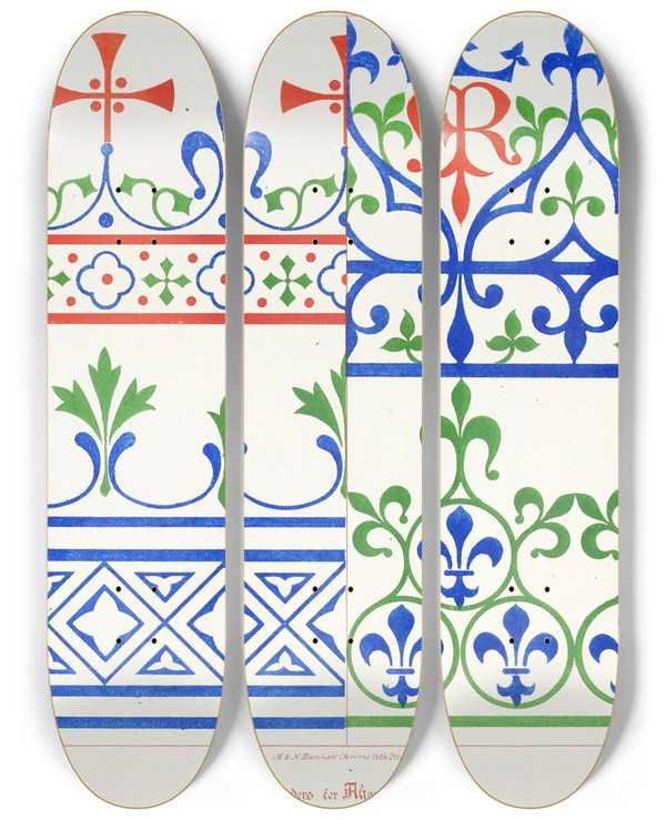 Triptych art skateboard deck of Augustus Pugin Borders For Altar Cloths_1 by Augustus Pugin (1812-1852)