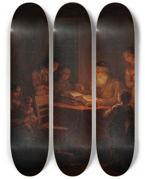 Triptych art skateboard deck of Alexander Laurus Jewish Rabbi Reading The Bible To His Family by Alexander Laureus (1783-1823)