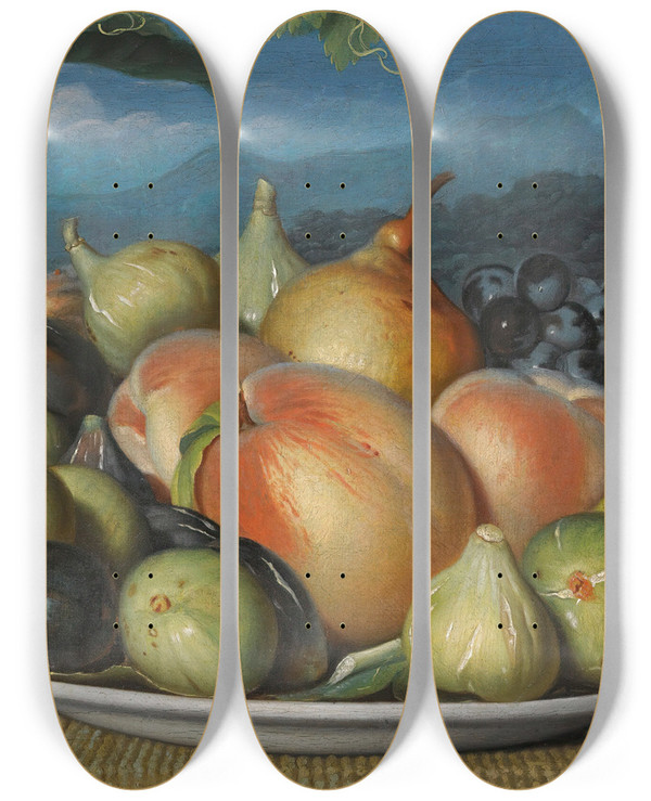Triptych art skateboard deck of Spanish School A Still Life With Figs Peaches A Pear And Black Grapes On A White Dish An Extensive Landscape Beyond by Spanish School