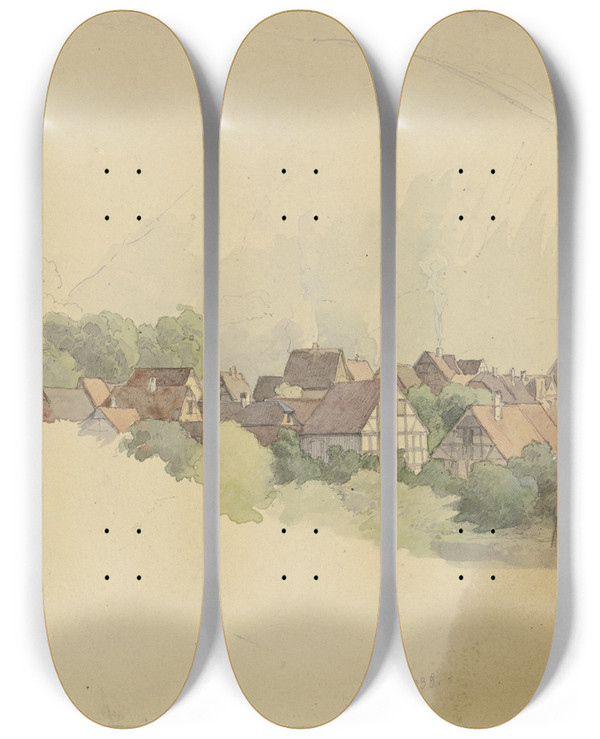 Triptych art skateboard deck of Jakob Becker Village With Church by Jakob Becker (1810-1872)