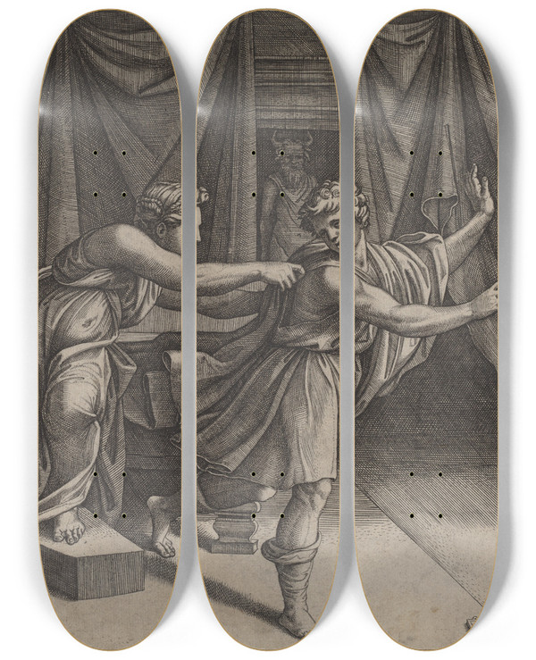 Triptych art skateboard deck of Marcantonio Raimondi Joseph And Potiphars Wife by Marcantonio Raimondi (1470-1527)