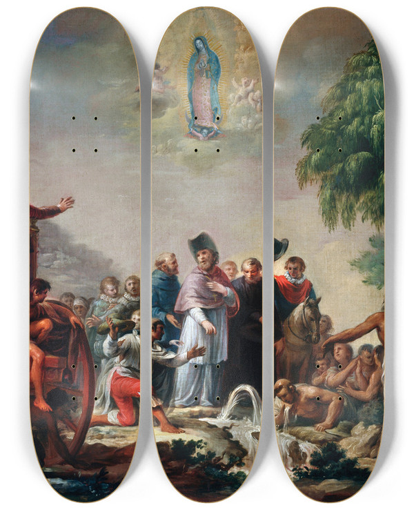 Triptych art skateboard deck of Rafael Ximeno Y Planes The Miracle Of The Little Spring by Rafael Ximeno Y Planes (1759-1825)