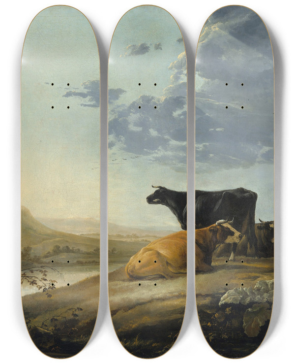 Triptych art skateboard deck of Aelbert Cuyp Young Herdsmen With Cows by Aelbert Cuyp (1620-1691)