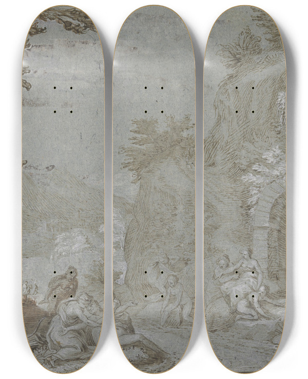 Triptych art skateboard deck of Hans Rottenhammer Entdeckung Der Schwangerschaft Der Callisto by Hans Rottenhammer (1564-1625)