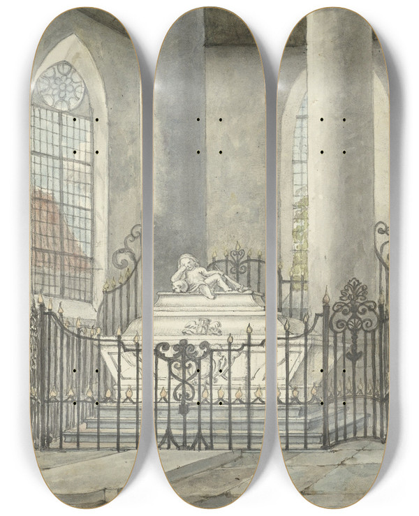 Triptych art skateboard deck of Gerrit Lamberts Grafmonument Van Catharina Alida Van Der Dussen In Een Kerk Te Culemborg by Gerrit Lamberts (1776-1850)