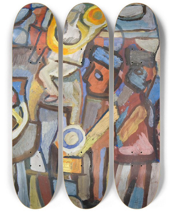 Triptych art skateboard deck of Sasza Blonder Kompozycja Z Defilujcymi by Sasza Blonder (1909-1949)