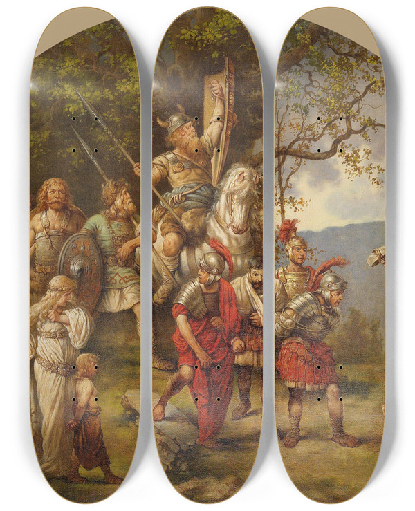 Triptych art skateboard deck of Daniel Hock Gefangene Rmer Und Germanen by Daniel Hock (1858-1934)