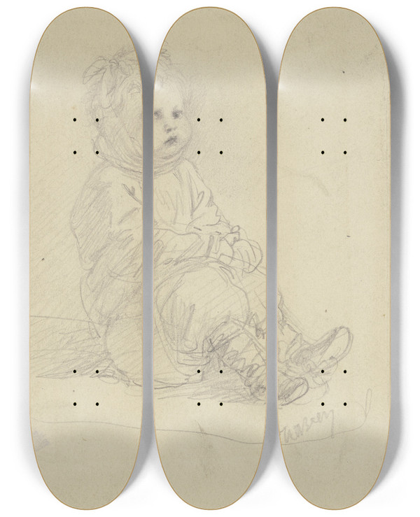 Triptych art skateboard deck of Wilhelm Amandus Beer Sitting Toddler by Wilhelm Amandus Beer (1837-1907)