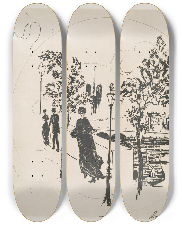 Triptych art skateboard deck of Flix Bracquemond Notredame by Felix Bracquemond (1833-1914)