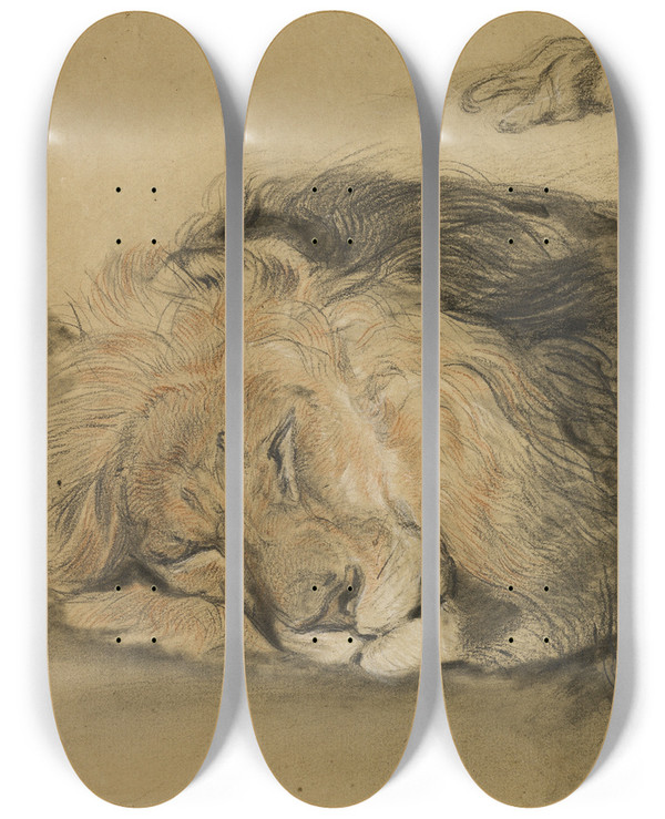 Triptych art skateboard deck of Edm Saintmarcel Lions Head And Sketch Of A Lion by Edm Saint-Marcel (1819-1890)