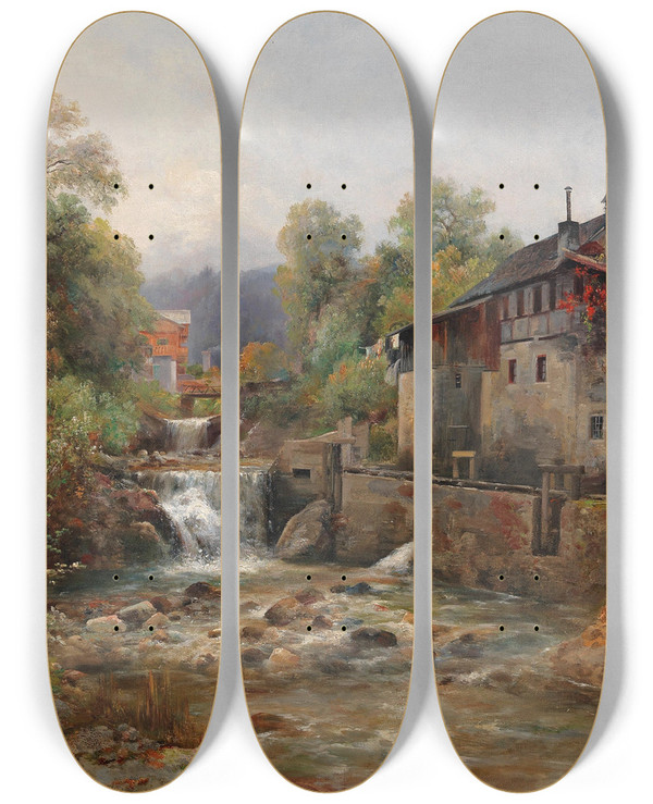 Triptych art skateboard deck of Emil Barbarini Am Mhlenbach by Emil Barbarini (1855-1933)