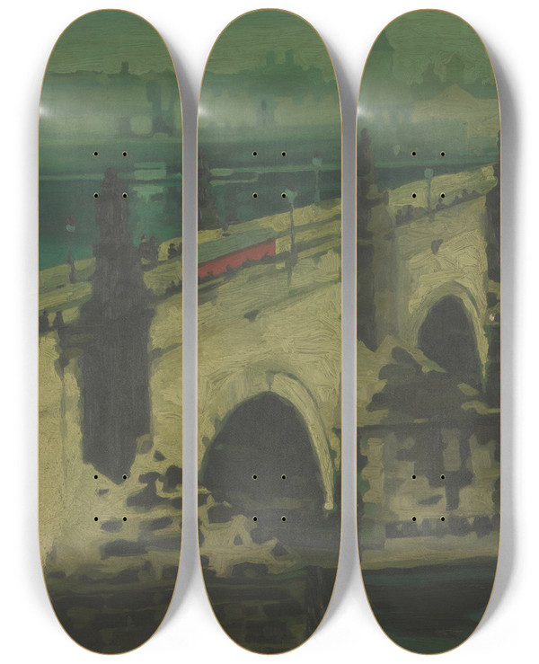 Triptych art skateboard deck of Ren Leclercq Charles Bridge In Prague by Rene Leclercq