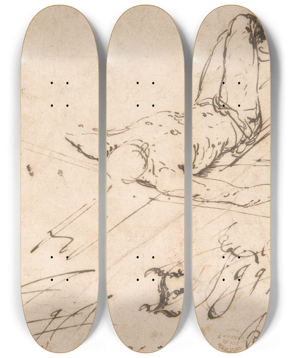 Triptych art skateboard deck of Jusepe De Ribera Study For A Crucifixion Of St Peter by Jusepe de Ribera (1591-1652)