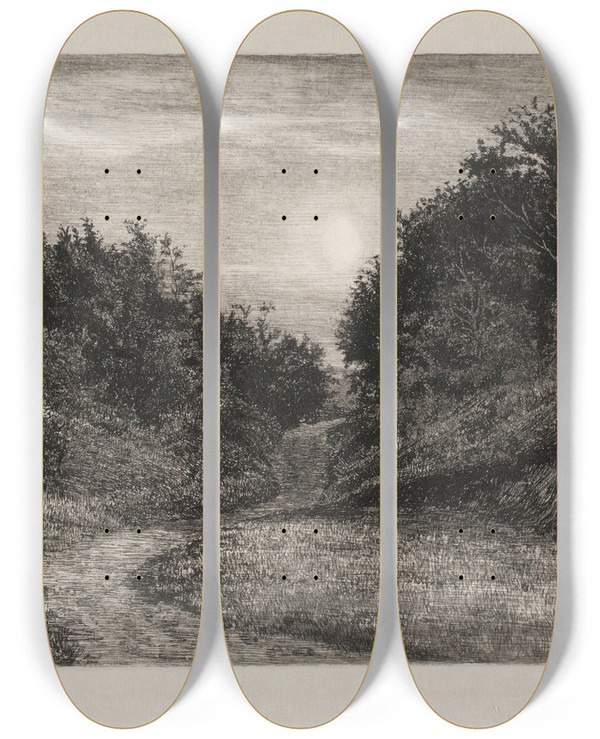 Triptych art skateboard deck of Carl Bloch A Moonlit Summer Evening by Carl Bloch (1834-1890)