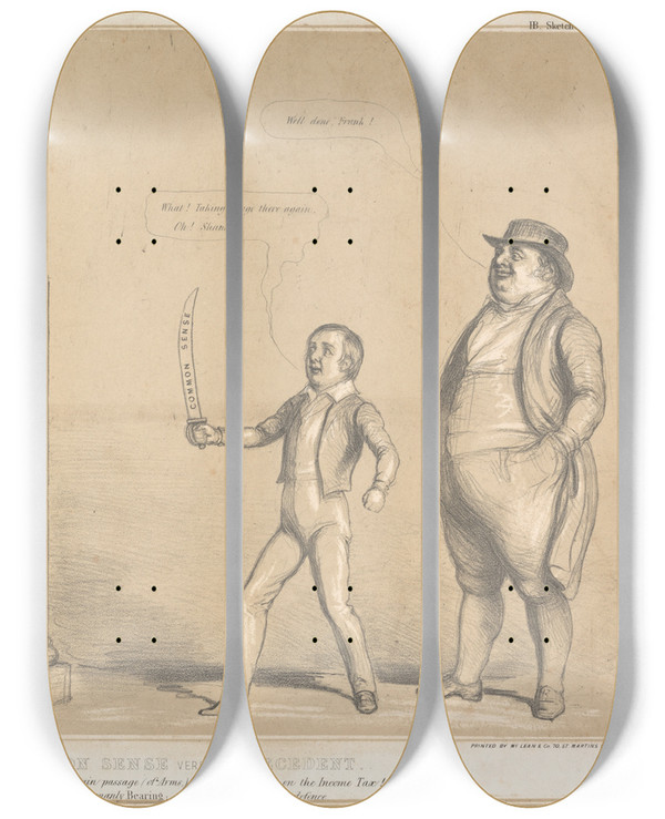 Triptych art skateboard deck of John Doyle Common Sense Versus Precedent by John Doyle (1939)