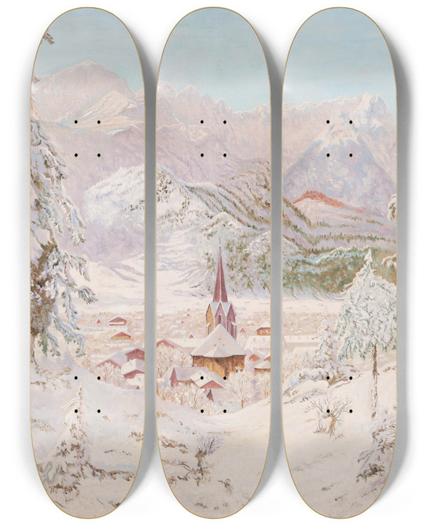 Triptych art skateboard deck of Eduard Kasparides Blick Auf Garmischpartenkirchen by Eduard Kasparides (1858-1926)