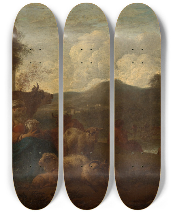 Triptych art skateboard deck of Simon Van Der Does Hirtin Ihr Kind Stillend Mit Der Herde In Sdlicher Landschaft by Simon van der Does (1653-1717)