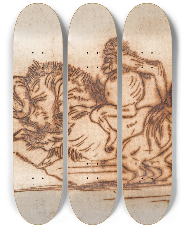 Triptych art skateboard deck of Antoinelouis Barye Orangoutan Sur Un Gnou by Antoine-Louis Barye (1796-1875)