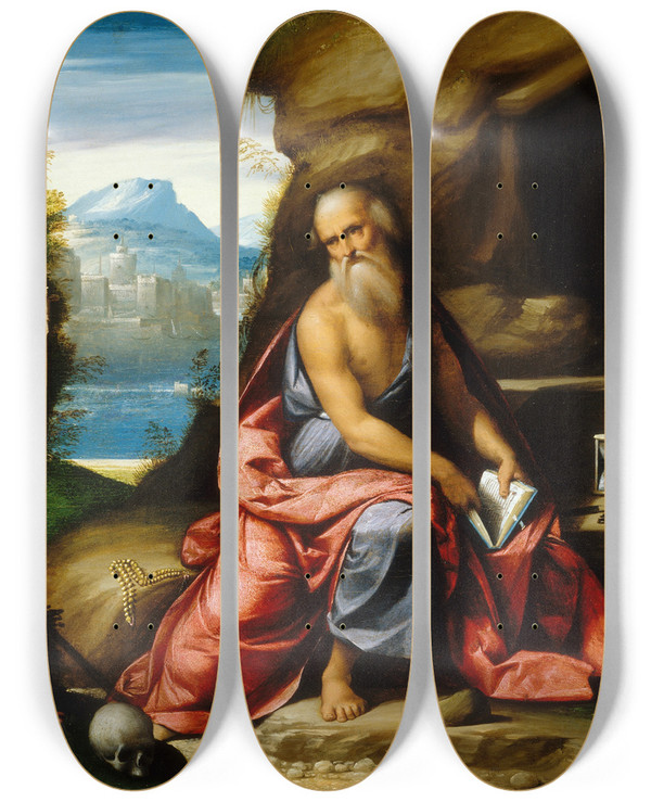 Triptych art skateboard deck of Benvenuto Tisi Meditation Of Saint Jerome by Benvenuto Tisi (1481-1559)