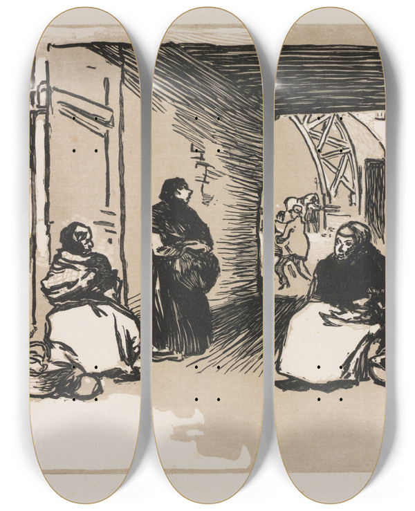 Triptych art skateboard deck of Auguste Louis Lepre Breadsellers by Auguste Louis Lepere (1849-1918)