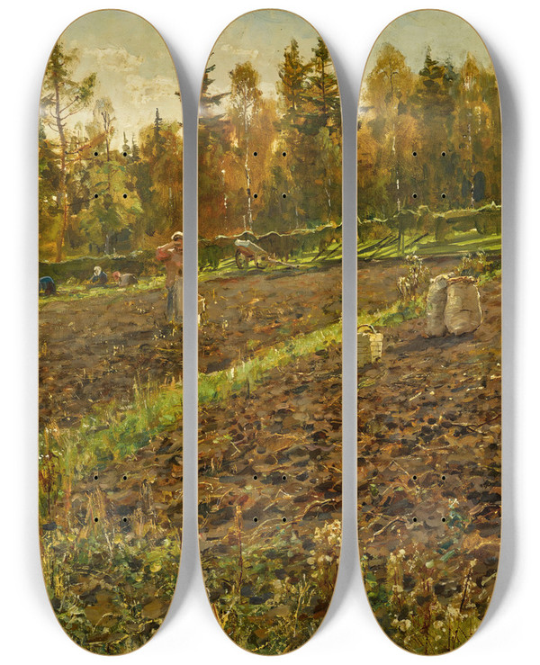 Triptych art skateboard deck of Julius Sergius Klever The Potato Gatherers by Julius Sergius Klever (1850-1924)