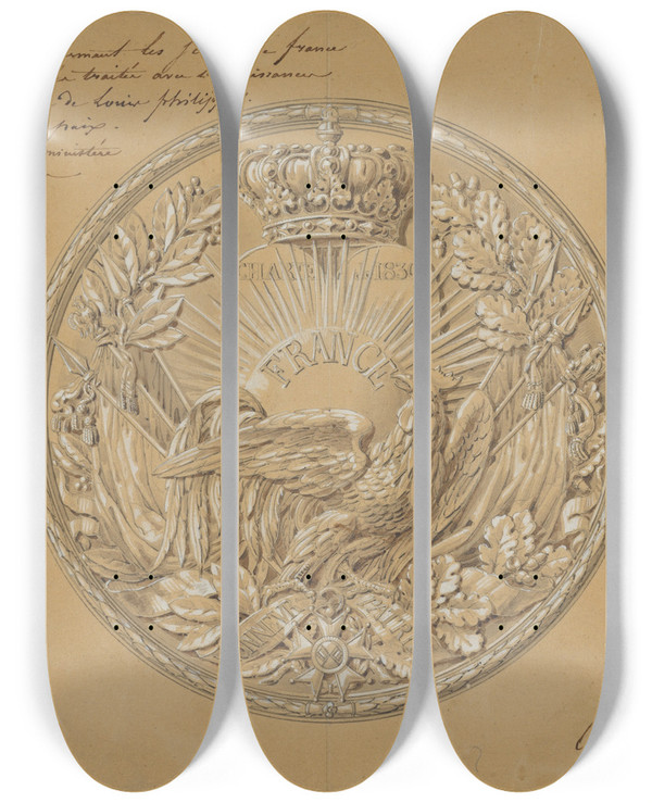 Triptych art skateboard deck of Charlesnicolas Odiot Design For The Medal To Commemorate The Charter Of 1830 by Charles Nicolas Odiot (1869)