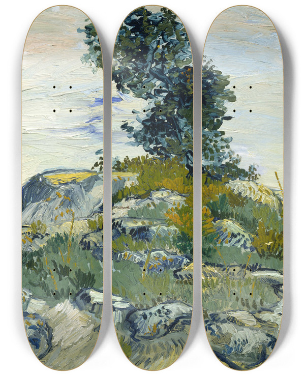 Triptych art skateboard deck of Vincent Van Gogh The Rocks by Vincent van Gogh (1853-1890)