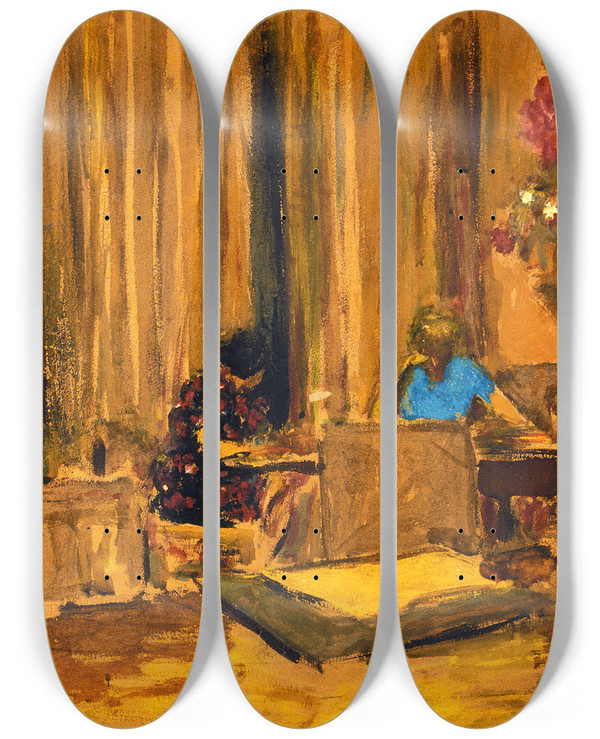 Triptych art skateboard deck of Douard Vuillard The Billiard Room At The Chateau At Clayes by douard Vuillard (1868-1940)