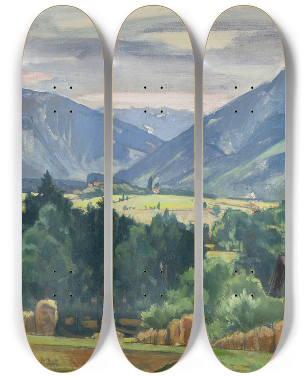 Triptych art skateboard deck of Paul Roloff Blick Ins Aschauer Tal by Paul Roloff (1877-1951)