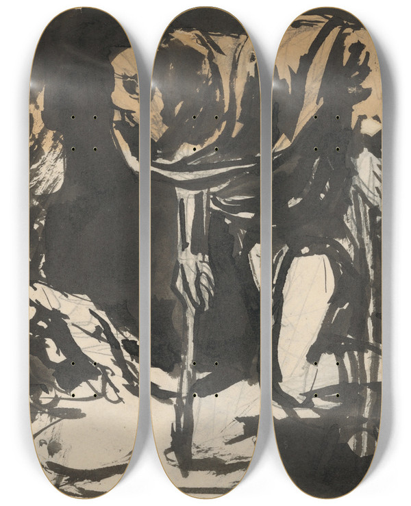 Triptych art skateboard deck of Jn Novk Study Of A Cripple Walking With Two Crutches by Jan Novak (1921-1944)
