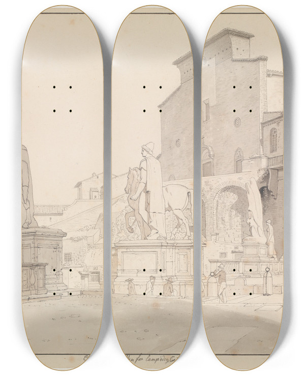 Triptych art skateboard deck of Christoffer Wilhelm Eckersberg Et Parti Af Piazza Del Campidoglio Set Mod Balustraden Med Dioskurerne Og Kirken S Maria In Aracoeli by Christoffer Wilhelm Eckersberg (1783-1853)