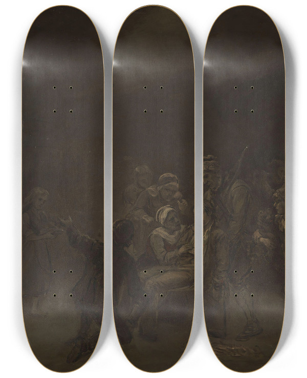 Triptych art skateboard deck of Adolph Tidemand Sketch For The Return Of The Bear Hunter by Adolph Tidemand (1814-1876)