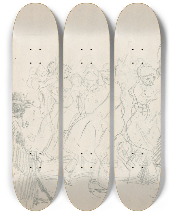 Triptych art skateboard deck of Gustv Mall Tancujci by Gustav Mally (1879-1952)