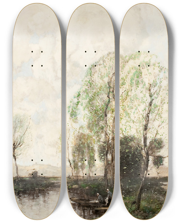 Triptych art skateboard deck of William Alfred Gibson A Quiet Backwater by William Alfred Gibson