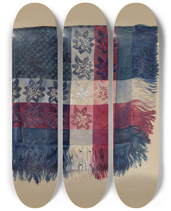 Triptych art skateboard deck of Ralph Atkinson Economy Scarf by Ralph Atkinson (20-)
