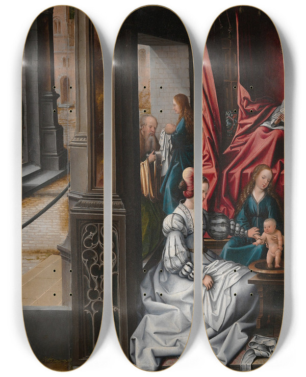 Triptych art skateboard deck of Bernard Van Orley The Birth And Naming Of Saint John The Baptist by Bernard Van Orley (1492-1542)