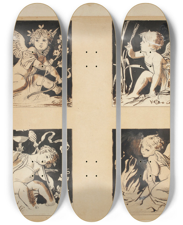 Triptych art skateboard deck of Ernst Klimt Jahreszeiten by Ernst Klimt (1864-1892)