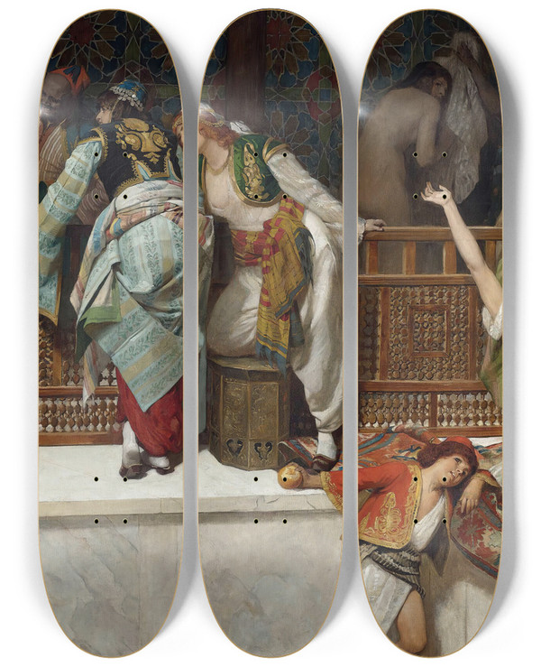 Triptych art skateboard deck of Franz Xaver Simm Life In The Harem by Franz Xaver Simm (1853-1918)