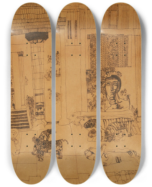 Triptych art skateboard deck of Carl Fredrik Hill Untitled Palace With Emperor Statue And Tigers by Carl Fredrik Hill (1849-1911)