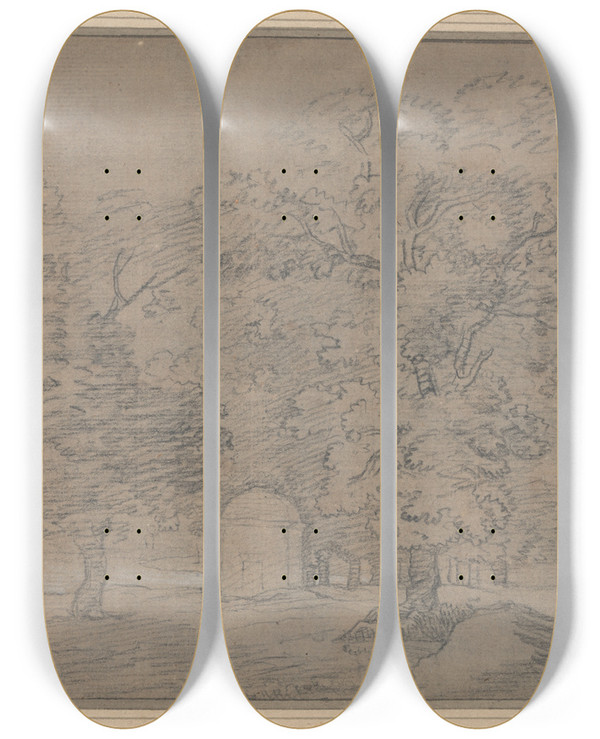 Triptych art skateboard deck of Alexander Cozens Hyde Park by Alexander Cozens (1717-1786)