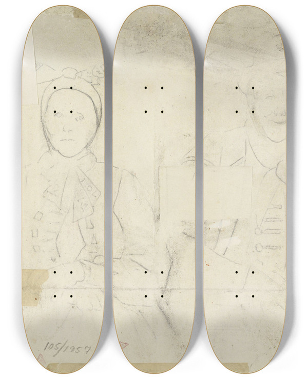 Triptych art skateboard deck of Christian Krohg Bondepar Begge Sittende En Face by Christian Krohg (1852-1925)