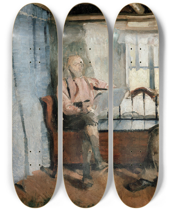 Triptych art skateboard deck of Harriet Backer Farm Interior Knabberud In Brum by Harriet Backer (1845-1932)