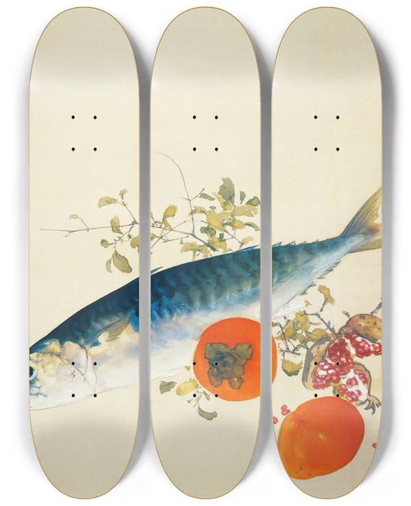 Triptych art skateboard deck of Takeuchi Seih Autumn Fattens Fish And Ripens Wild Fruits by Takeuchi Seiho (1864-1942)